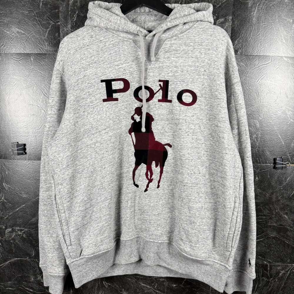 Polo Ralph Lauren Men's Grey Plaid Big Pony Fleece Hoodie Medium
